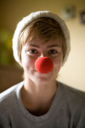 Jenna in bed with a clown nose on a Sunday morning, 2010 Comments/Questions?