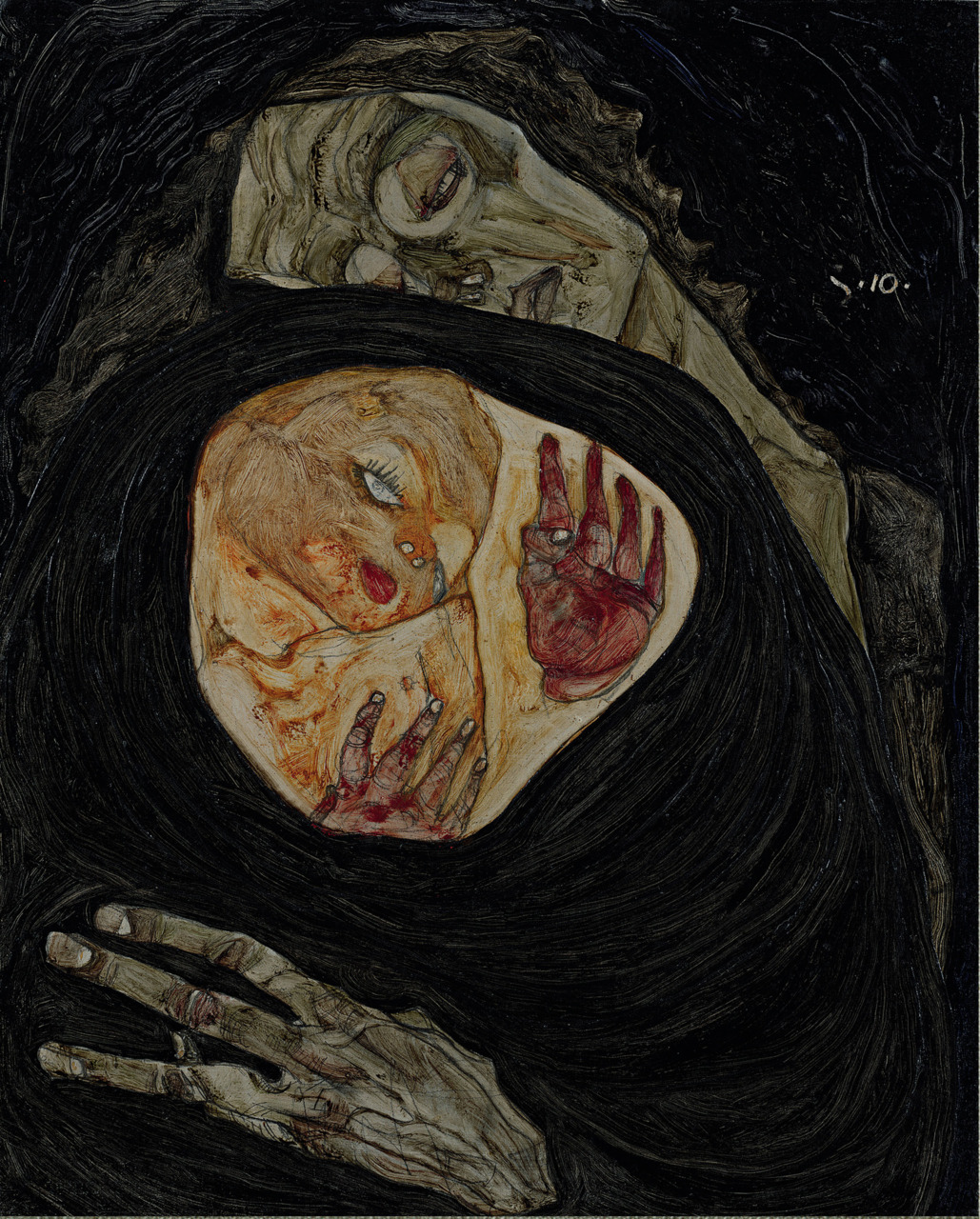 timeimmemorial:  Egon Schiele, Tote Mutter I, 1910 Bleistift und Öl auf Holz 32