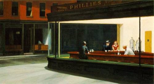  cavetocanvas:  Nighthawks - Hopper, 1942    “Nighthawks—night & brilliant interior of cheap restaurant…. Cherry wood counters & tops of surrounding stools, lights on metal tanks at rear right; brilliant streak of jade green tiles