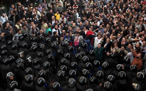 The lines of confrontation are stark on one of the most violent days of the protests: Friday, Jan. 28, in Cairo. Tens of thousands of anti-government protesters stoned police, who fired back with rubber bullets, tear gas, and water cannons. What began