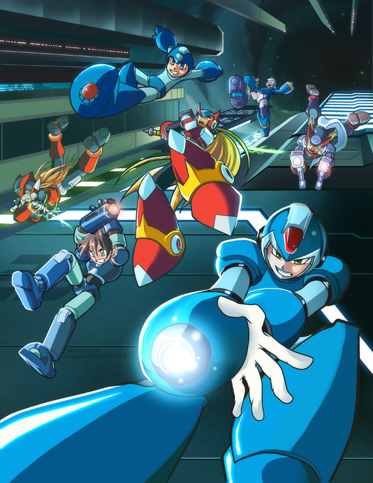 Mega Man, in various forms, is raining down to kick some ass in this excellent fan art piece by Irene Lee for UDON’s Mega Man Tribute contest.
Check out more Mega Man Tribute entries HERE!
It’s Raining Mega Man (Hallelujah!) by Irene Lee / Suzuran...