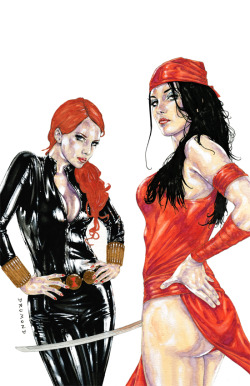 drumondart:  Black Widow &amp; Elektra (from Marvel Comics) watercolour, ecoline, indian ink, acrylic