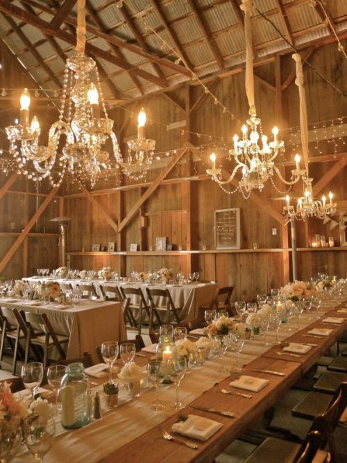 huffley6: love the chandeliers in the barn…so lovely! via style me pretty