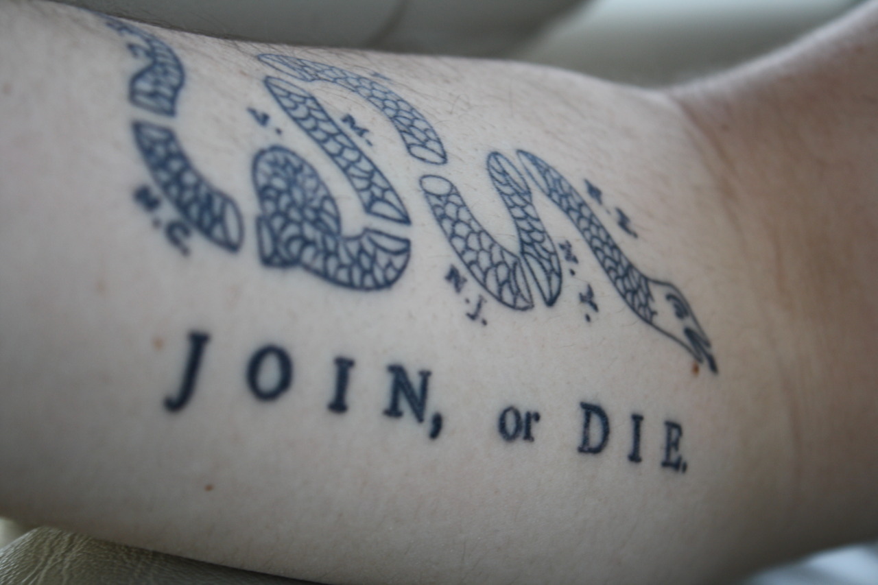 “Join, or Die”, drawn originally by Benjamin Franklin. The cartoon appeared along with Franklin’s editorial about the “disunited state” of the colonies, and helped make his point about the importance of colonial...