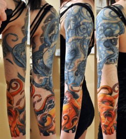 fuckyeahtattoos:  My cephalopod &frac34; sleeve, a memorial for my mother. The progress photos were taken a year to the date of her death, and it’s not quite finished but it’s finally beginning to look complete. Artwork by Lee Conklin at Crimson Empire