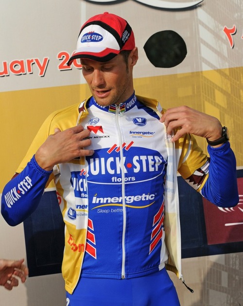 fuckyeahcycling:Quickstep Cycling Team rider Tom Boonen of Belgium puts on the gold jersey on the po