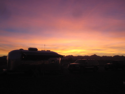 Beautiful sunset over a 1966 Airstream Safari.
Near Quartzsite, AZ. LaPosa South LTVA, BLM.