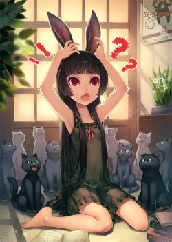 D-Flag:  ! !? ? ?? Animal Ears Arms Up Barefoot Black Cat (Animal) Black Hair