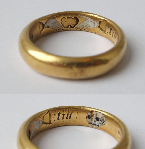 aleyma:  Posy ring with pictogram inscription, ‘Two hands, one heart, Till death