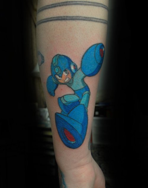 fuckyeahtattoos: merely because i love the blue bomber. its not done yet, protoman is next to him bu