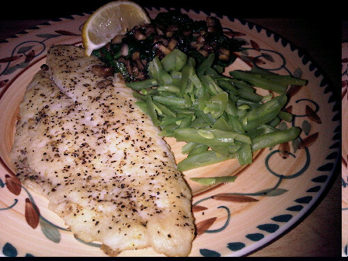 Fish, green beans, and spinach with mushrooms. Dad loves me enough to make me two kinds of veg while him and mom have rice