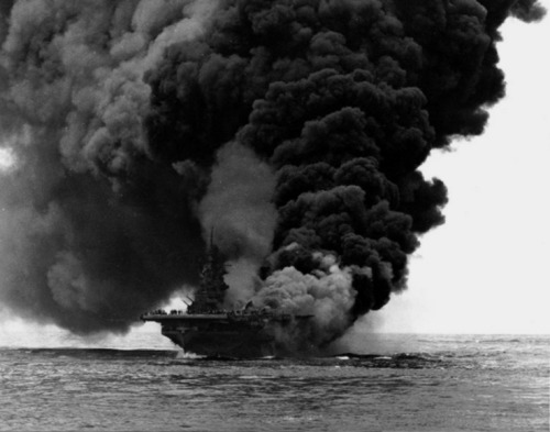 US Carrier hit by a kamikaze attack, Okinawa, 1945.