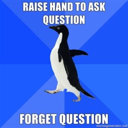 fuckyeahsociallyawkwardpenguin:  raise hand to ask question. forget question.    all the fucking time.