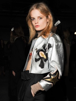 Hanne Gaby wearing Miu Miu backstage Alexander