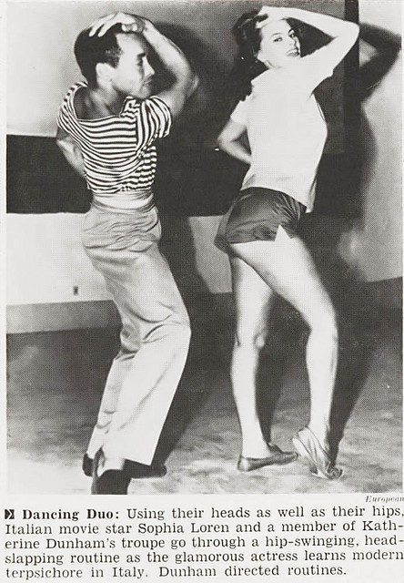 vintageblackglamour:
“ Sophia Loren learns “modern terpsichore” in Italy with a Katherine Dunham dancer. Dunham herself was directing them. Jet, June 30, 1955.
”