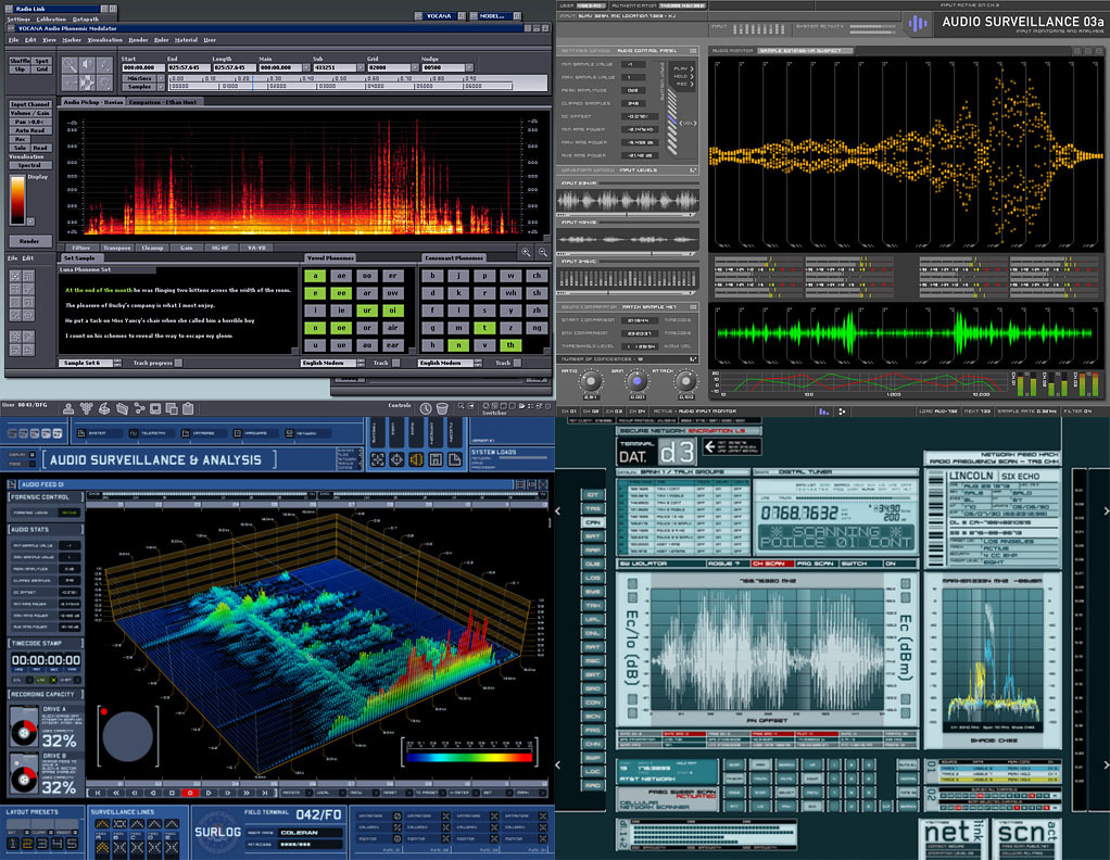 Various Mark Coleran interface design for acoustic waveform in the movie.
Clockwise: Mission Impossible 3, Mr. & Mrs. Smith, Domino & The Island,