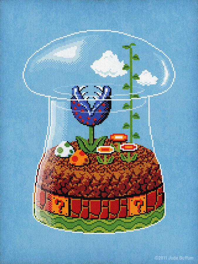 Plant life of the Mushroom Kingdom has been bottled up for your viewing pleasure thanks to artist Jude Buffum.
Toadstool Terrarium by Jude Buffum (Flickr) (Facebook) (Twitter)
Via: brandonnn | drawnblog