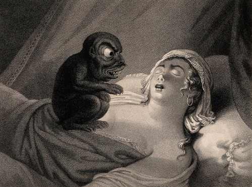 adventures-of-the-blackgang: A perturbed young woman fast asleep with a devil sitting on her chest; 