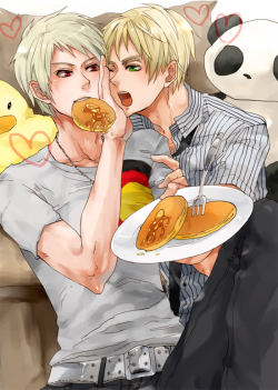 bitcheslovemytea:  awesomeprussian:  Mmmm, pancakes~  the moment when i have to relate everything to canada and i assume they are fighting over mattie’s pancakes   I love this picture of these two, I kinda ship them sometimes heck, even I&rsquo;d fight