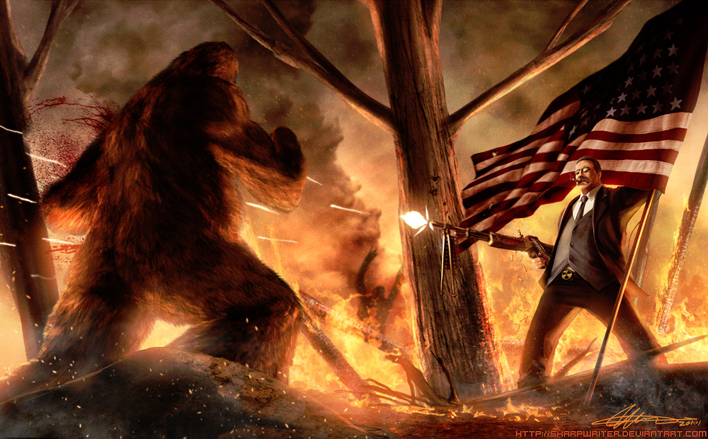 Historical President Teddy Roosevelt battles it out with the folklore beast known as Bigfoot! Another amazing mash up by artist Jason Heuser.
Buy an 11" x 17" print of this killer artwork at his Etsy store.
Related Rampages: Bebop | Raphael | Not...