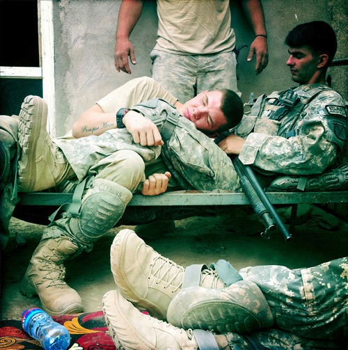 nocityguy:  homosuperior:  PFC Christopher “Bunga” Daniel rests with Specialist Joshua Chamberlin, the platoon medic at the compound. (via Feature Picture Story)  Urban Living - Rural Attitude… Cowboys, Blue Collar, Cornfed Farm Boys and More. Be