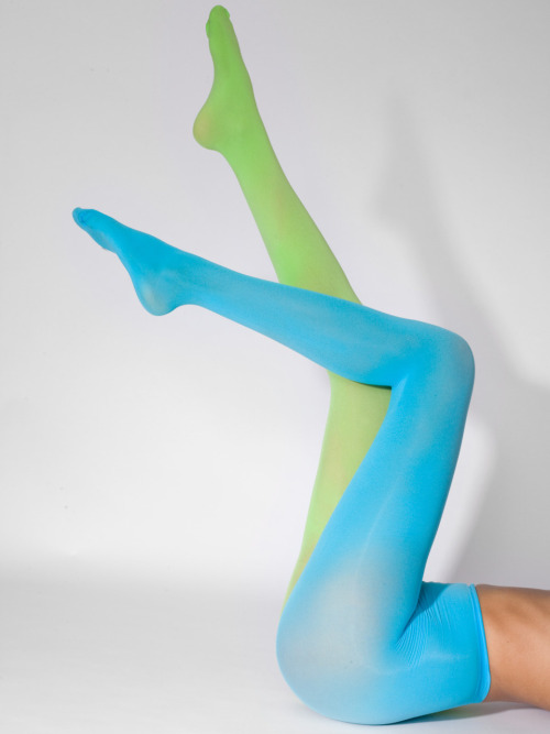 Opaque two-tone lime/turquoise tights