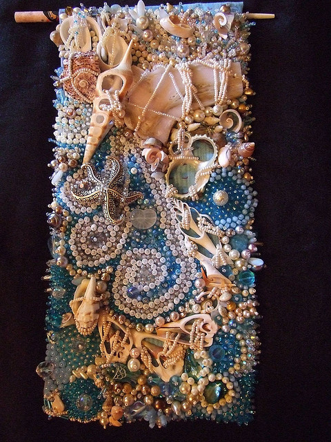 sweetpeapath:  Storm at Sea by N Chee Latta September page for the Bead Journal Project, 2008 Seed beads, shells, driftwood, pressed glass shapes, metal beads and pearls 