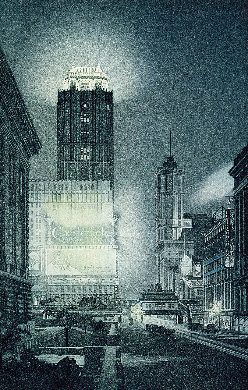 West 42nd Str, Night color aquatint &amp; etching on paper by John Taylor Arms,