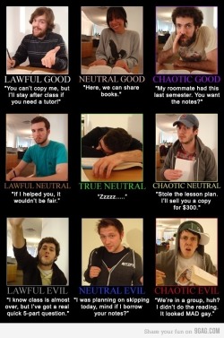 blacktionbronson:  heathyr:  andrenator:  Classroom alignments.  And I’ve experienced every single one of these.  I’ve been all thesr  from ninth grade and till my third year of college i was true neutral. 