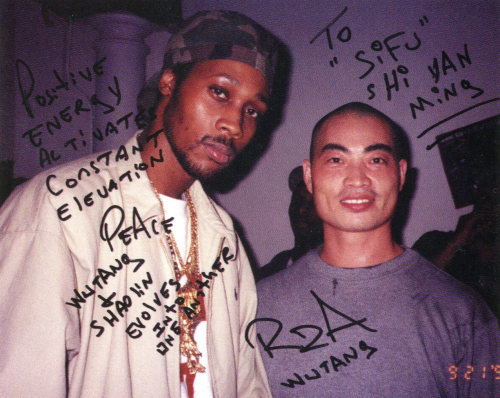 babylonfalling:  RZA meets Shaolin Monk Sifu Shi Yan-Ming at GZA album release party.  Grand Royal M