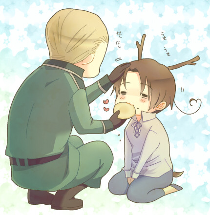 derptasticmuffins:  I still don’t get the deer!Italy thing but this is cute so  I think that Himaruya drew him with deer horns one time for xmas But this is really cute though ;u;