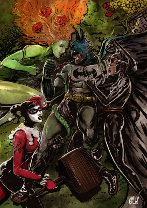 curiousintent:Batman and the Gotham City Sirens in colour.