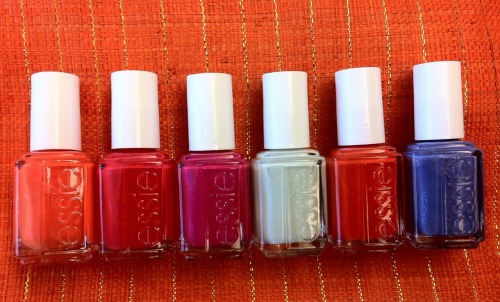 evachen212:
“ well, hello there, gorgeous new Essie summer shades (out June). I love you already!
(from left to right: Brazilliant, Too Too Hot, Super Bossa Nova, Absolutely Shore, Meet me at Sunset, Smooth Sailing)
”
Uh oh, their naming is getting...