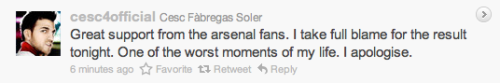 I am a Madridista, but this is killing me. How big is he? Taking the blame for something he couldn’t do anything about. No Cesc, this is not your fault. No matter what you say or what you feel. Barcelona played well. Arsenal had difficulties, and