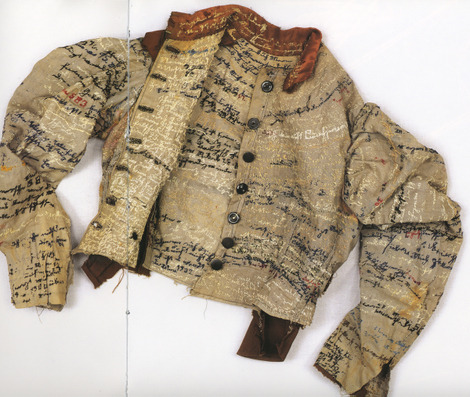 “ The linen jacket above was made by Agnes Richter, a seamstress and patient in an Austrian asylum during the late 1800’s. She constructed the jacket from cloth typically used in the institution and embroidered her story onto the fabric.
”