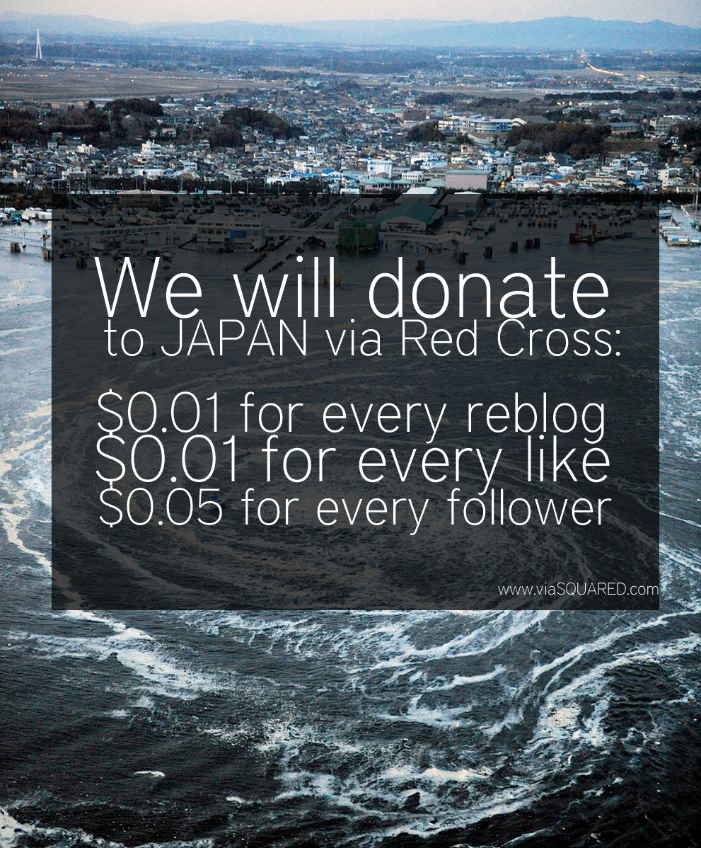 “ 1000 reblogs = $10
10000 reblogs = $100 .. and so on
Okay, we know, we know, it’s shameless self promotion. We will be using the increased traffic from our website to fund this donation. We will be sending Red Cross the check for the Japan...