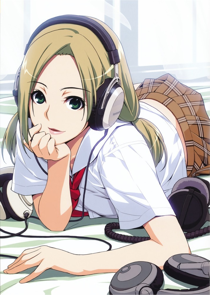 shy-azusa:  blonde hair green eyes headphones ino long hair lying school uniform