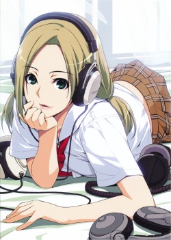 Shy-Azusa:  Blonde Hair Green Eyes Headphones Ino Long Hair Lying School Uniform