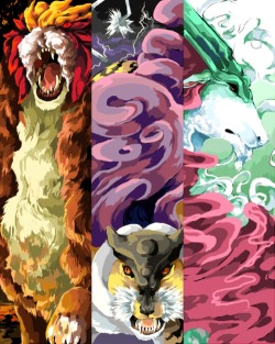 :  Entei - Fu Lion (shishi), a stone lion common in Japan’s history, like a gargoyle, that guarded holy places.Raikou - Raiju, a lightning spirit that can take the form of animals, including tigers.Suicune - Quilin, a Japanese form of unicorn with a