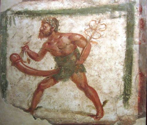 locaantiqua-blog:Well-Endowed Mercury (Priapus with Caduceus or Priapus-Mercury), Pompeii, Fresco, c