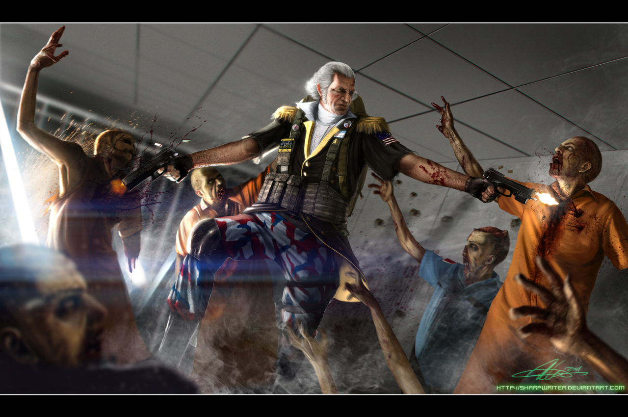 George Washington lays the smack down on a brain hungry zombie horde in this excellent illustration by Jason Heuser.
Related Rampages: Abe Lincoln / Grizzly | Teddy Roosevelt / Bigfoot (More)
George Washington ZombieHunter by Jason Heuser /...