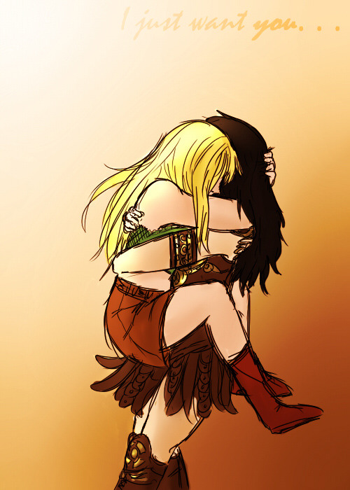 A Xena and Gabrielle pictured inspired from the scene in Glee’s “Sexy” episode with Santana and Brittney. :‘C  Brittana better happen. yo.