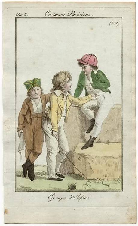 damesalamode:Journal des Dames et des Modes, 1798.OH MY GOD.  SO CUTE.  Look at his little baseball 