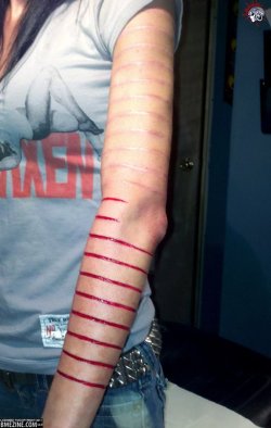 daniellamb:   “I don’t remember if i posted about this last year, but here is some scar work i did on a young, Native American girl. In her Blackfoot tribe it is customary to have a line scarred around their arm for each year they’re alive. It is