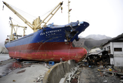 The 4,724-ton freighter M.V. Asia Symphony lies on a pier after