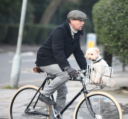 Ewan Mcgregor + bike + puppy in basket