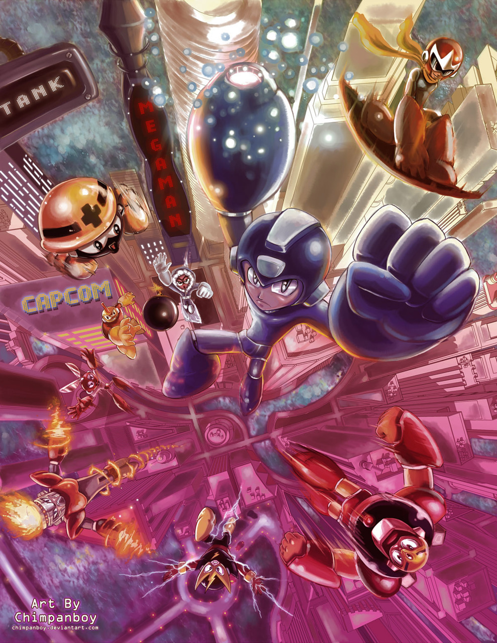 Mega Man and the gang are coming for you in this rad entry into UDON’s Mega Man Tribute Contest by Lucas Accornero.
More great Mega Man artwork can be found HERE!
Megaman Tribute by Lucas Accornero / Chimpanboy