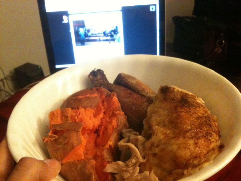 Half rotisserie and baked sweet potato (I think I may have a chicken problem) as I watch The Tiki Style’s Wod 1 from Midstate CF Conference video (loved the music - I too am a Girl Talk fiend).
And guess what, I made it to cf tonight! And by the way,...