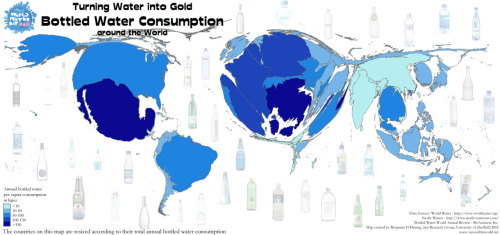 Cartograma do consumo mundial de auga engarrafada