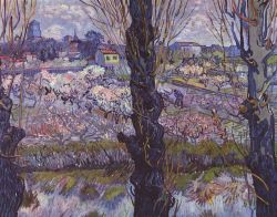 deadpaint:  Orchard in Blossom with View of Arles (with Populars in the Foreground) (1889) - Vincent van Gogh. 